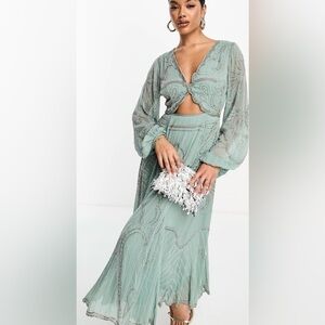 ASOS DESIGN Embellished Beaded Long Sleeve Cut Out Midi Dress in Sage Green 14